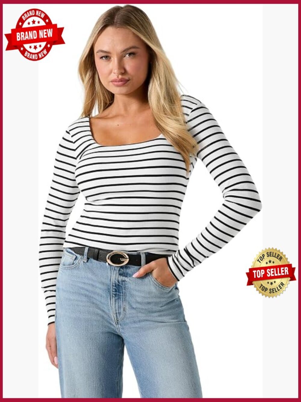 Women's Eco Long Sleeve Square Neck Top - Fitted Striped
